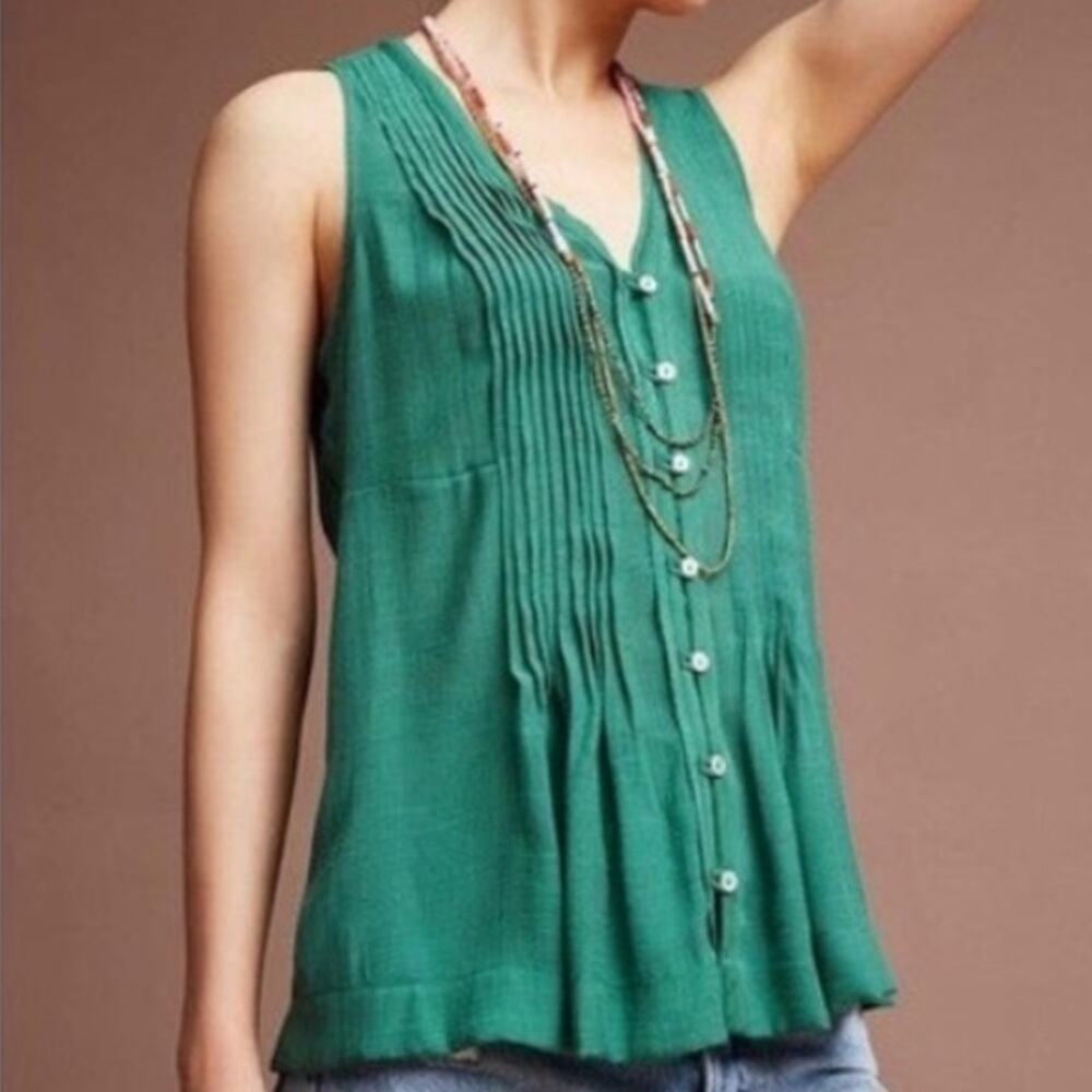 Anthropologie Maeve Saona Green Pintuck TankBlouse Size S